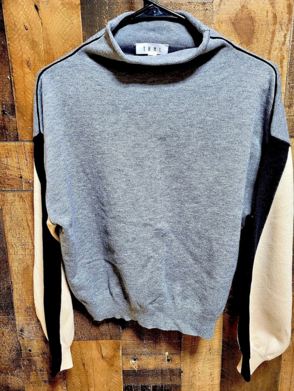 THML Colorblock Mock Neck Sweater Gray & Cream Small